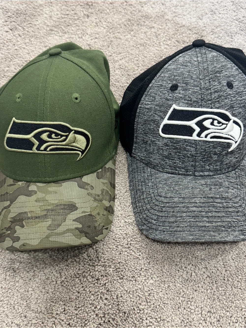 2 Seattle Seahawks Embroidered Logo Caps - Olive Camo & Gray